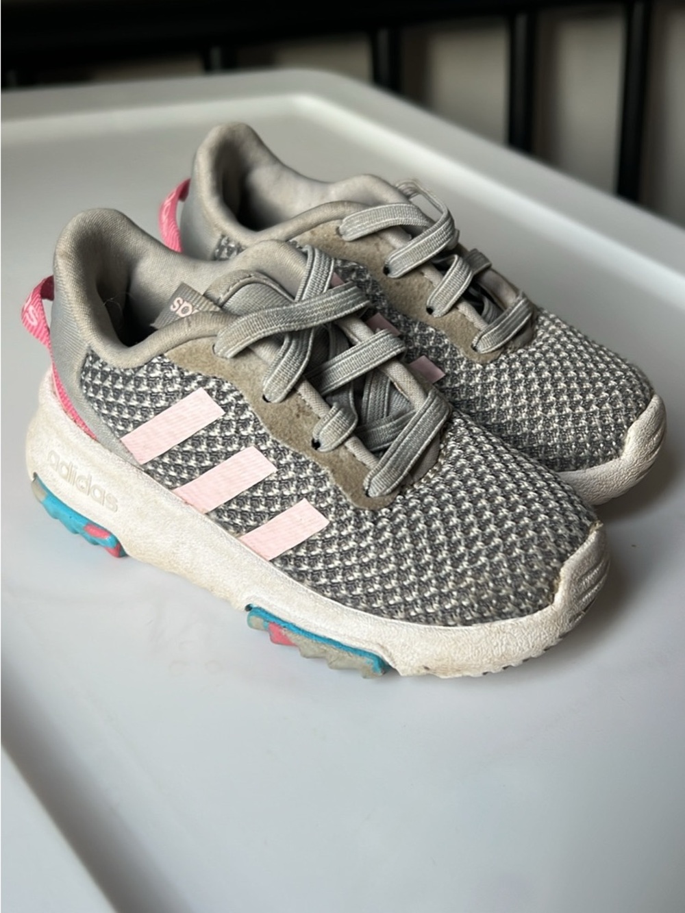 adidas Kids Grey Knit Sneakers with Pink Stripes